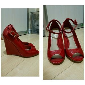 red wedges with ankle straps