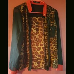 Cheetah print button up sheer blouse