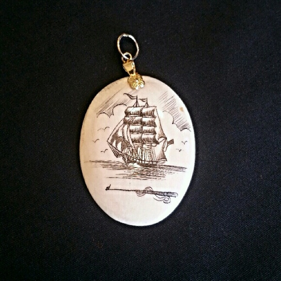 Vintage WEEKEND SPECIAL Real Ivory Scrimshaw Gold Pendant from Diane
