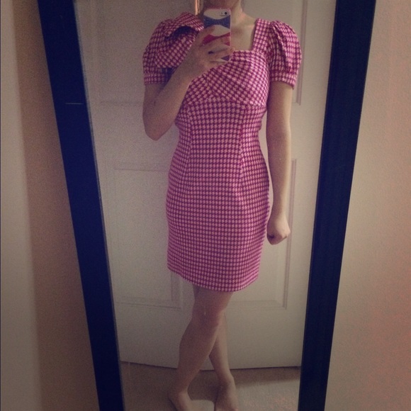 Hot pink houndstooth dress with bow