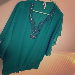 Maurices Small Sheer turquoise beaded top!