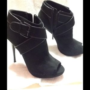Michael Antonio Black Suede Open-Toe Booties, 6.5