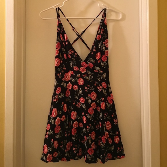 cross back floral surplice spaghetti strap dress