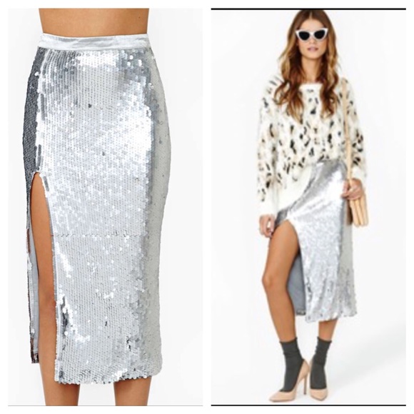 Nasty Gal silver sequin midi skirt