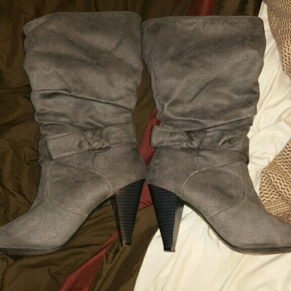Gray suede boots.