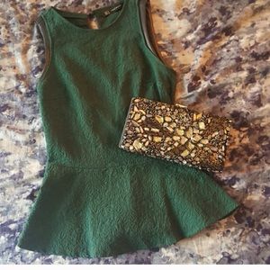 Green peplum top with leather trim, NEW