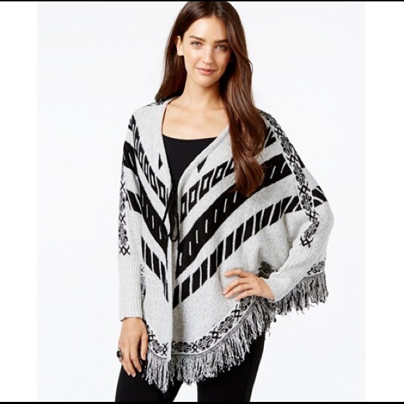 NY Collection Sweaters - NY Print Tie-front Poncho Sweater