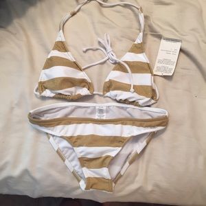 Gold shimmer and white stripe bikini