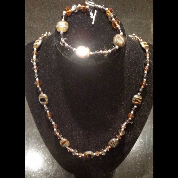 Czech glass, brown/black crystal, and silver plate