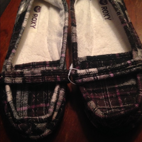 Purple and black plaid loafers
