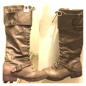 Knee high taupe lace up combat style boots