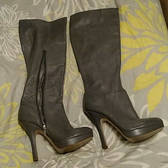 Grey knee high boots
