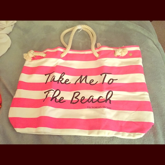 large Victoria Secret pink and white striped tote