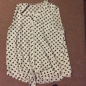 Sleeveless navy blue polka dot tie waist shirt!