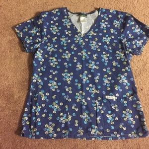 Navy blue patterned scrub top