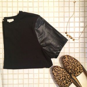 J.Crew top with leather sleeves