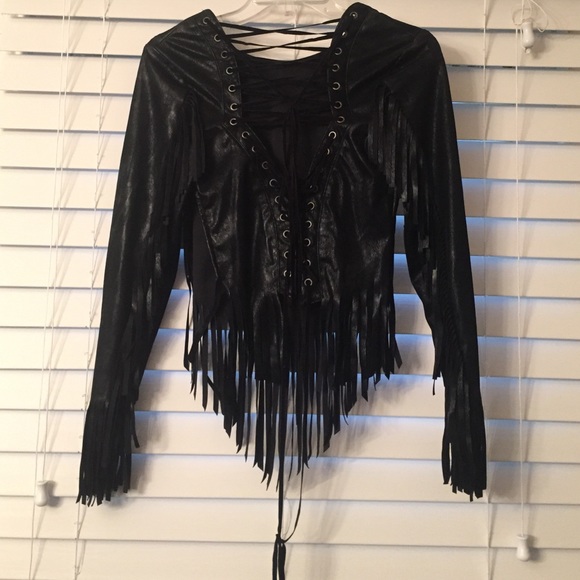 Faux leather lace up back fringe top