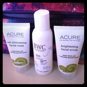 Acure facial scrub & mask. BWC lotion. Galaxy bag.