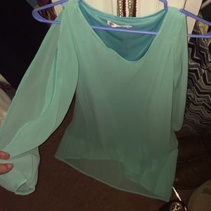Mint chiffon slit arm long sleeve dress