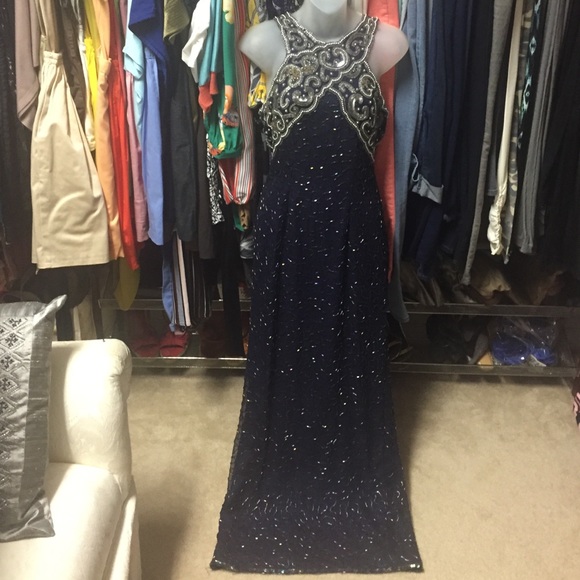 Beaded Sequined Evening Gown Navy Blue