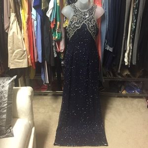 Beaded Sequined Evening Gown Navy Blue