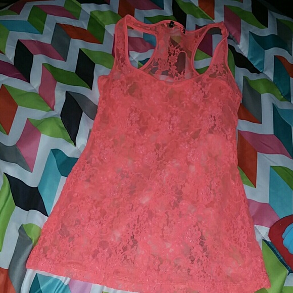 Bright neon orange/pink lace see through tank