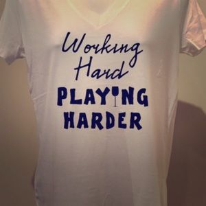 Handmade working hard playing harder v neck tee