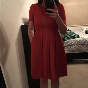 Red dress with gray designs and pockets!