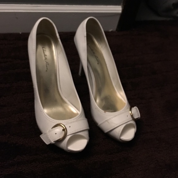 Cute white patent leather peep toe pumps