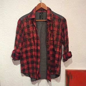 Plaid & Denim Studded Button Down