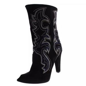 Zara Black Suede Cowboy Western Heeled Booties