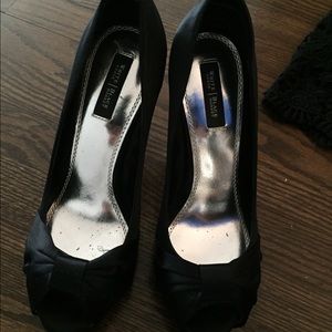 Black open toe satin heels