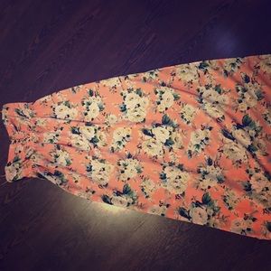 Coral pink floral strapless maxi dress