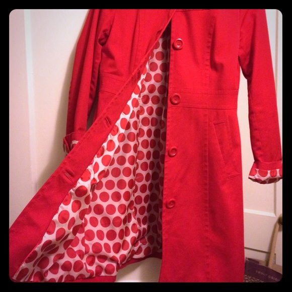 Cherry red lightweight trench coat.