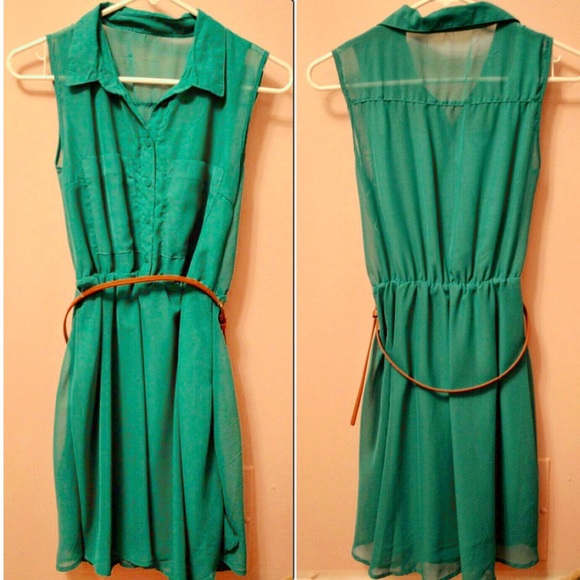 Sheer teal collared dress with belt