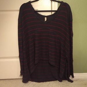 Free People Long Sleeve Navy Blue and Red Thermal