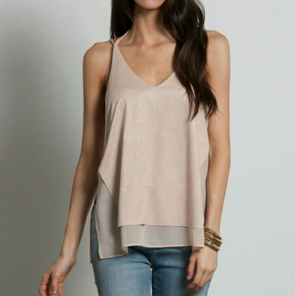 MIXED MEDIA SUEDE CHIFFON CAMI TOP - Picture 1 of 4