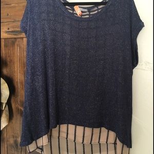 Olivia Moon Navy Blue Mixed Media Shirt