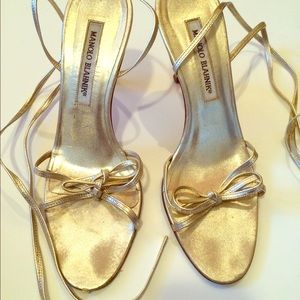 Manolo Blahnik Lace Up Gold Strappy Sandal