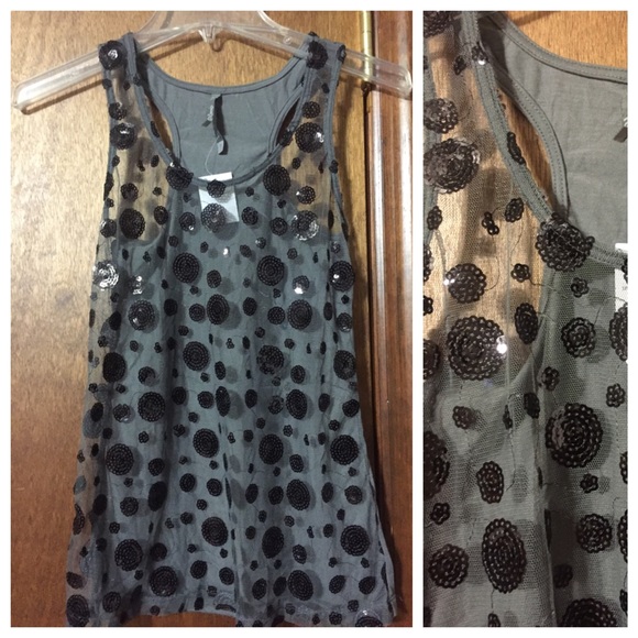 Gray mesh tank with sequins details.