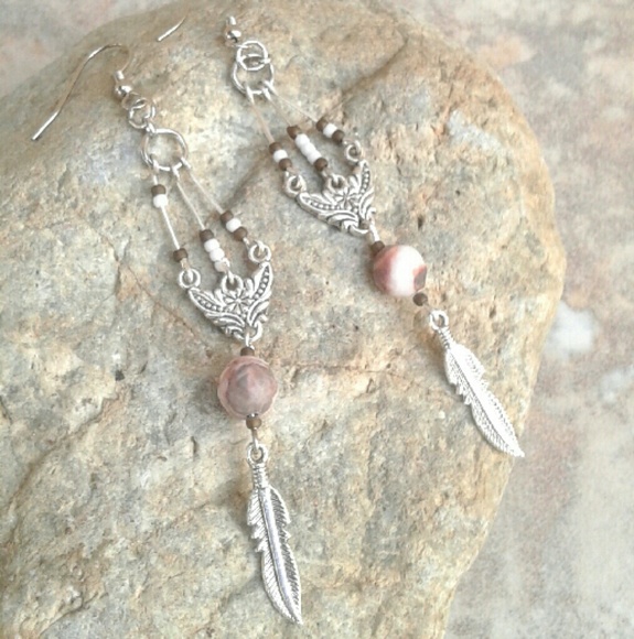 Jasper Mix Silver Indian Leaf Boho Earrings - Picture 1 of 3