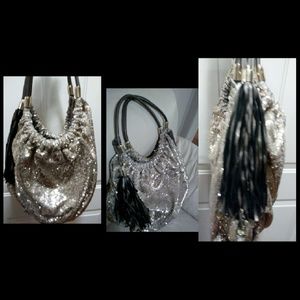 Gold sequins bag with  bronze  leather fringes