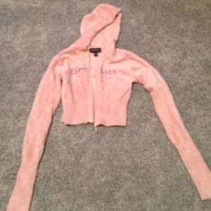 Cropped Bebe hooded sweater with rhinestone logo