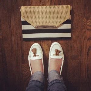 Stella & Dot City Slim Clutch - Black/Cream Stripe