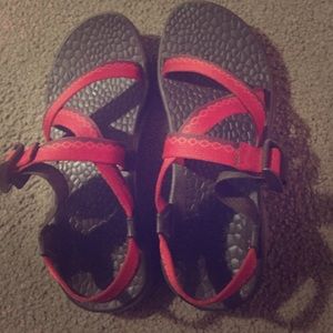 Red geometric print chacos