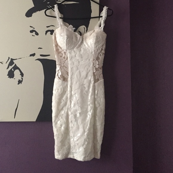 Ivory Lace Sequins Knee Length Padded Dress