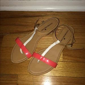 Coral, white & tan strappy sandals