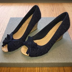 Navy peep toe wedges