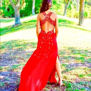 Red long bedazzled prom dress
