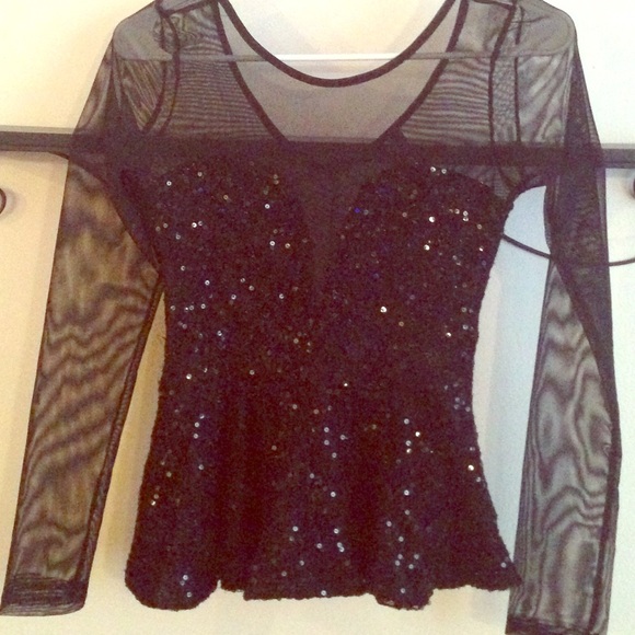 Black sequenced/sheer peplum top